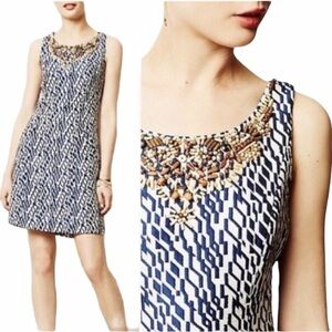 Anthropologie Moulinette Soeurs Womens Dress White Blue Wood Beading Shift Boho